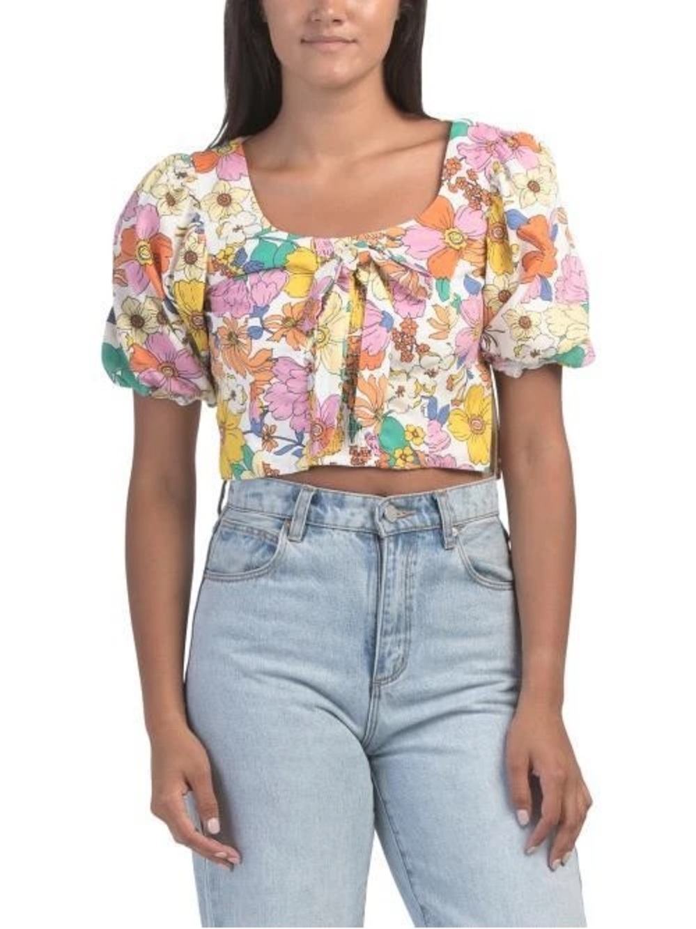 NWT- US TOGETHER Floral Tie-Front Puff Sleeve Crop Top - Multicolor